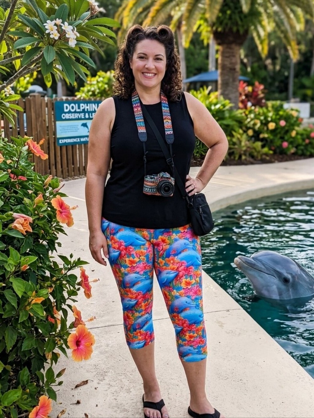 NIB TC2 Rainbow Dolphin Capris Aqua Blue Tropical Floral Capri Pocket Leggings